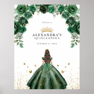 Póster Elegante Quinceañera Floral Falso Foil Esmeralda
