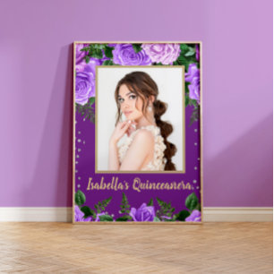Póster Elegante Quinceañera Floral Vintage Morado Foto