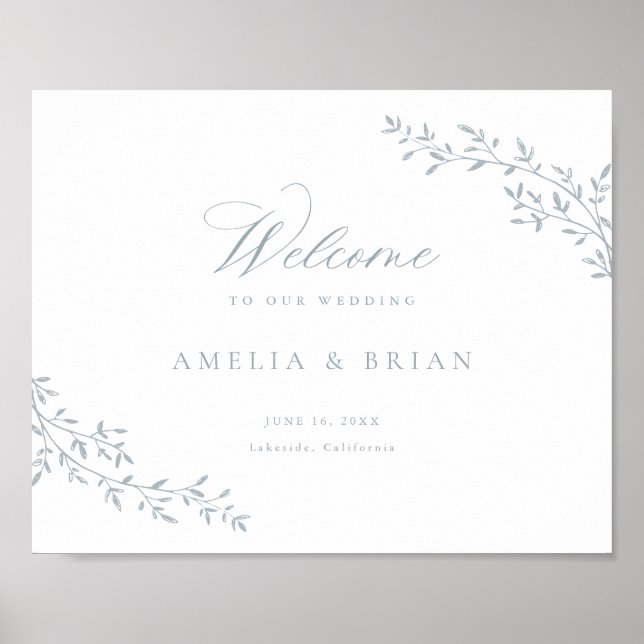 Póster Elegante Rama de Hoja Botánica Boda Azul Bienvenid (Frente)