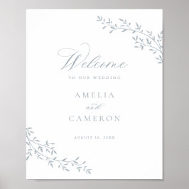 Póster Elegante Rama de Hoja Botánica Boda Azul Bienvenid