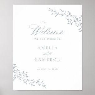 Póster Elegante Rama de Hoja Botánica Boda Azul Bienvenid