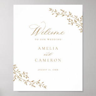 Póster Elegante Rama de Hoja Botánica Boda de Oro Bienven