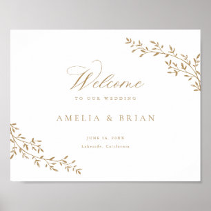 Póster Elegante Rama de Hoja Botánica Boda de Oro Bienven