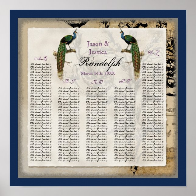 Póster Elegante recepción de bodas clásicas de pavo real (Frente)