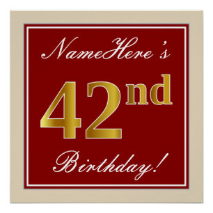 Póster Elegante, Rojo, Dorado Falso Cumpleaños 42; Nombre