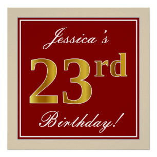 Póster Elegante, rojo, falso oro 23 cumpleaños; nombre pe