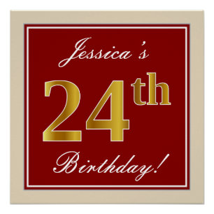Póster Elegante, rojo, falso oro 24 cumpleaños; nombre pe