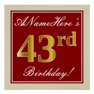 Póster Elegante, rojo, falso oro 43 cumpleaños; nombre pe