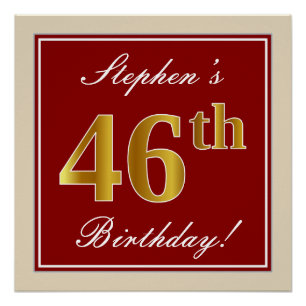 Póster Elegante, rojo, falso oro 46º cumpleaños; nombre p