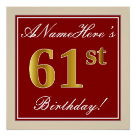 Póster Elegante, Rojo, Faux Gold 61st Birthday; Nombre pe