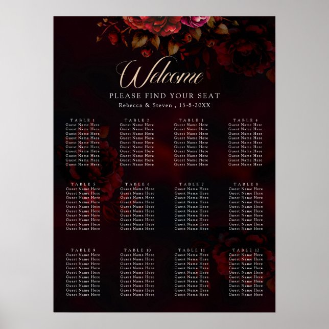 Póster Elegante rojo negro floral Boda gótico romántico (Frente)
