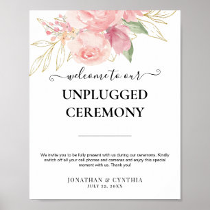 Póster Elegante Rosa Acuarela Floral Dorada Boda