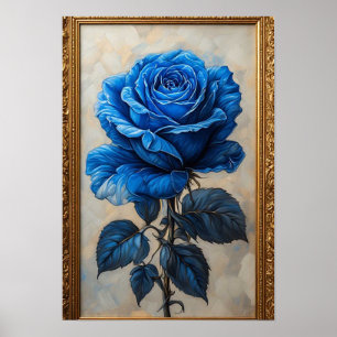 Póster Elegante Rosa Azul Exhibida en Marco de Oro Orname
