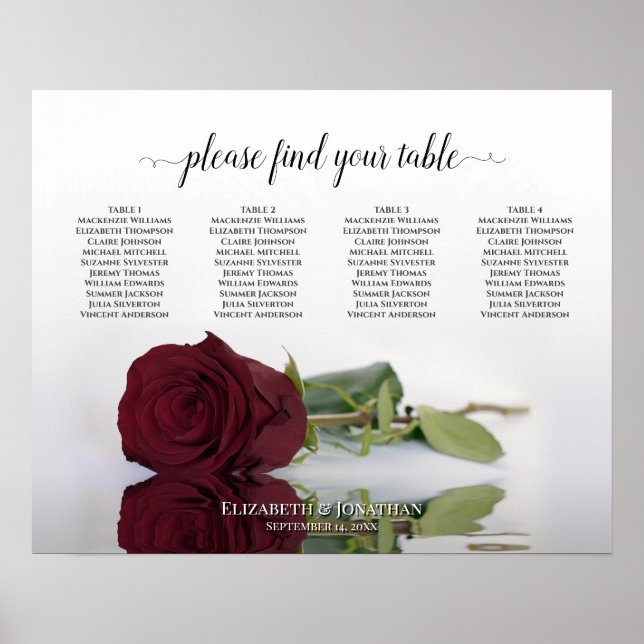 Póster Elegante Rosa Borgoña 4 Tabla de asientos (Frente)