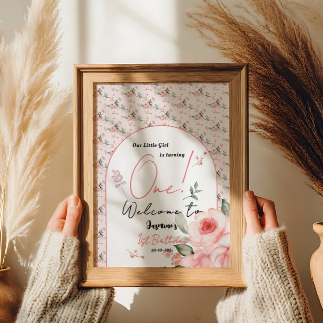 Póster Elegante Rosa de acuarela Chica Primer cumpleaños  (Subido por el creador)