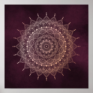 Póster Elegante Rosa de oro en Borgoña Floral Henna Mand