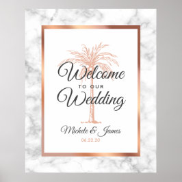 Póster Elegante Rosa de oro Palm Tree Marble Boda Bienven