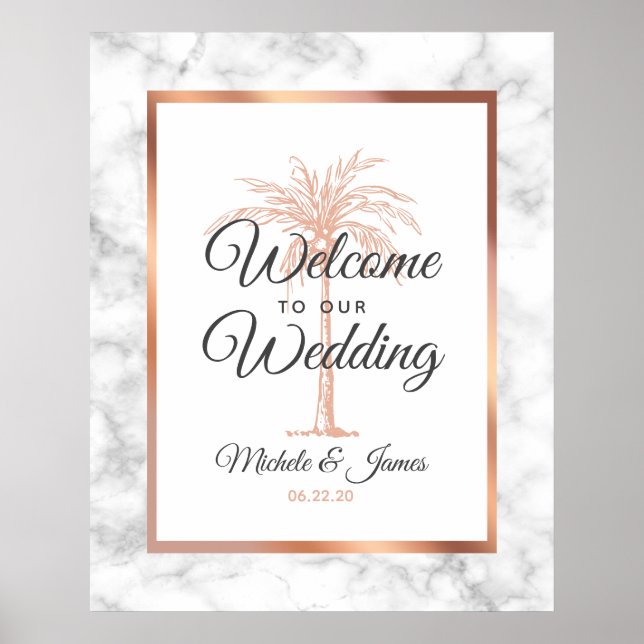 Póster Elegante Rosa de oro Palm Tree Marble Boda Bienven (Frente)