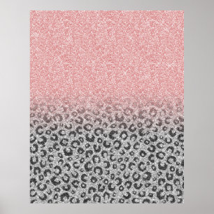 Póster Elegante Rosa de oro y Purpurina plateado Leopardo