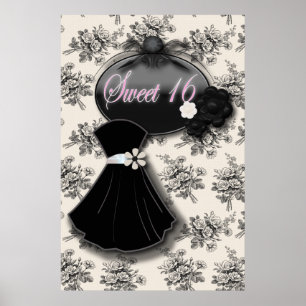 Póster Elegante Rosa de país DULCE 16 poster DE GOWN NEGR