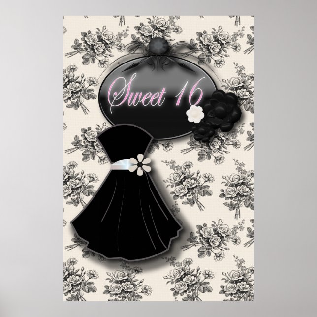Póster Elegante Rosa de país DULCE 16 poster DE GOWN NEGR (Frente)