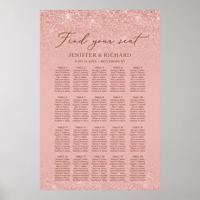 Póster Elegante rosa dorado 20 mesas boda carta de asient (Frente)