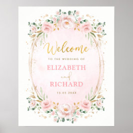 Póster Elegante Rosa Dorado Floral Bienvenida de Boda