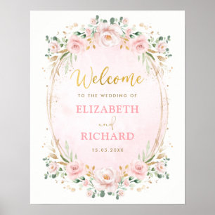 Póster Elegante Rosa Dorado Floral Bienvenida de Boda