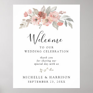 Póster Elegante Rosa Floral Acuarela Boda