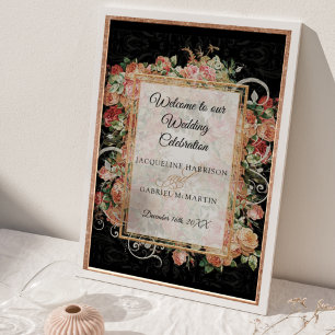Póster Elegante Rosa floral negro Boda de bienvenida Rubo