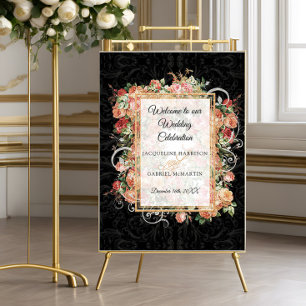 Póster Elegante Rosa Floral Rubor Boda de bienvenida negr