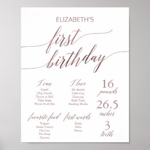 Póster Elegante Rosa Oro Primer Rótulo de cumpleaños
