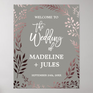 Póster Elegante Rosa Oro y Boda Gris Bienvenido