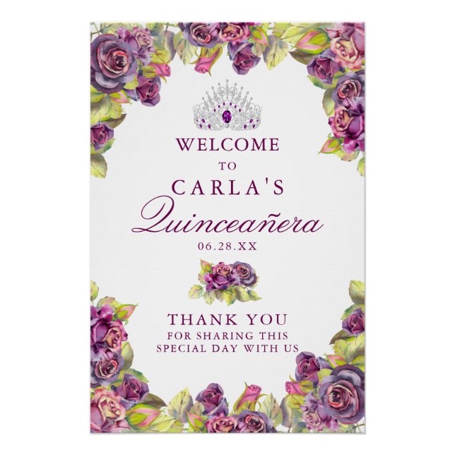 Póster Elegante Rosa púrpura signo de bienvenida Quincean (Anverso)
