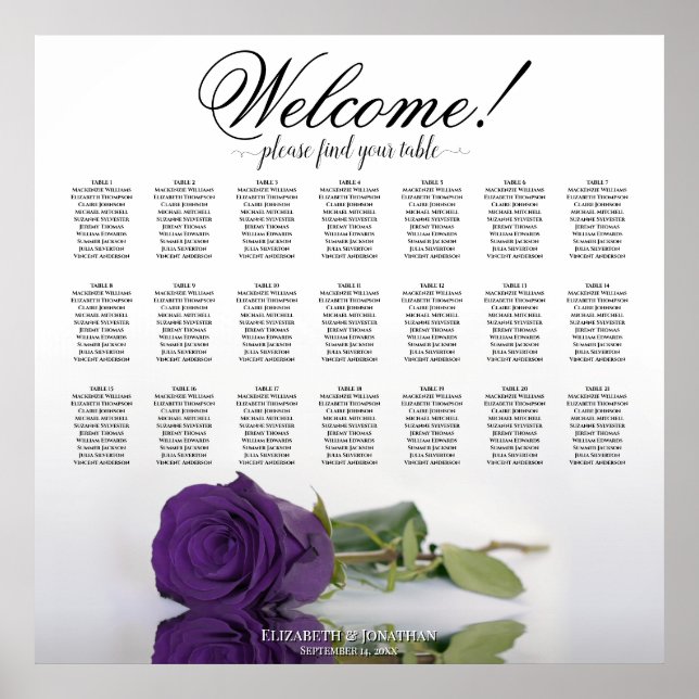 Póster Elegante Rosa real morado 21 Tabla de asientos (Frente)