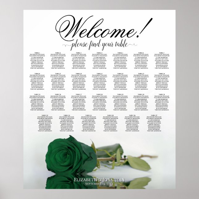 Póster Elegante Rosa verde esmeralda 27 Tabla de asientos (Frente)