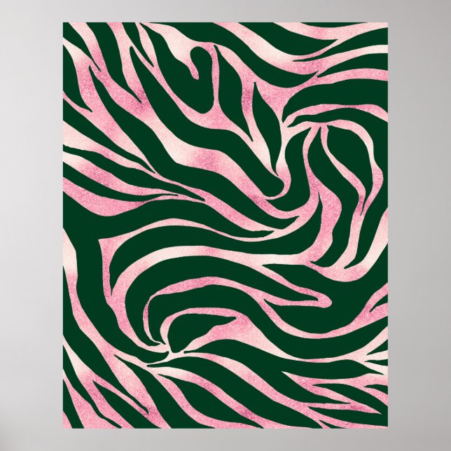 Póster Elegante Rosa Verde Oro Purpurina Cebra (Frente)
