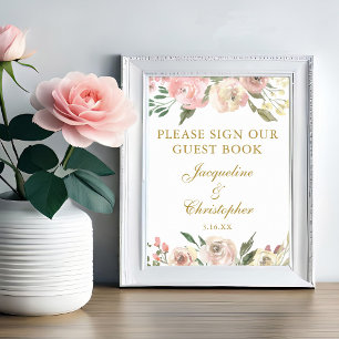 Póster Elegante Rótulo Boda de flores rosadas Nuestro lib