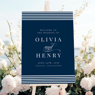 Póster Elegante Rótulo Boda de la franja azul costera cos