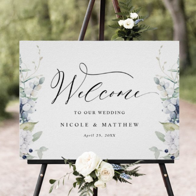 Póster Elegante Rótulo Boda Floral Azul Blanco (Subido por el creador)