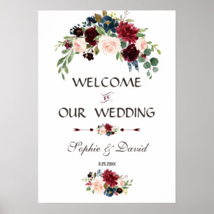 Póster Elegante Rótulo Boda floral azul de la Marina Merl