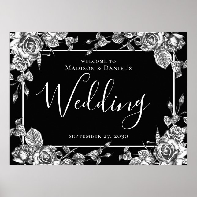 Póster Elegante Rótulo Boda floral blanco negro (Frente)