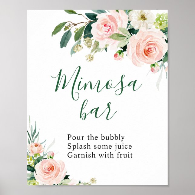 Póster Elegante Rótulo Boda Rubor Pink Flowers Mimosa Bar (Frente)