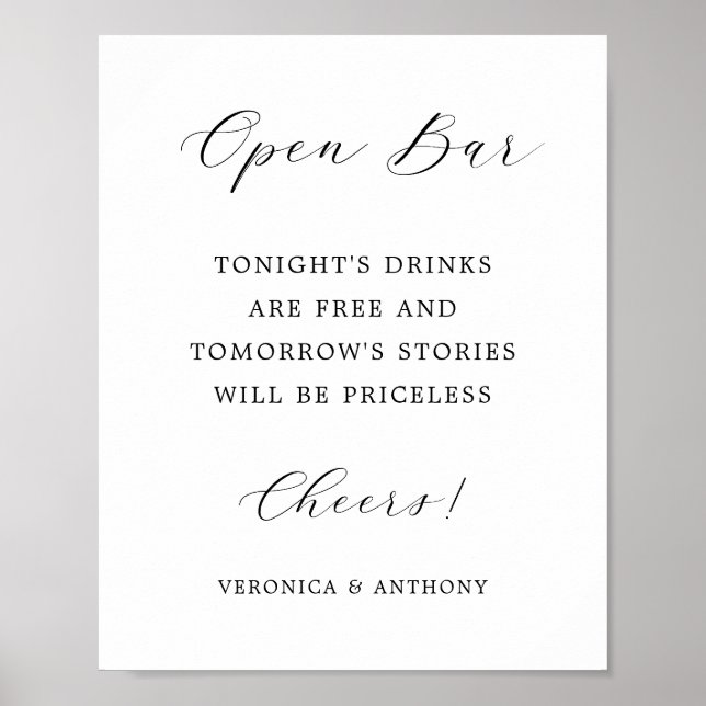 Póster Elegante Rótulo de bar abierto Boda de caligrafía (Frente)