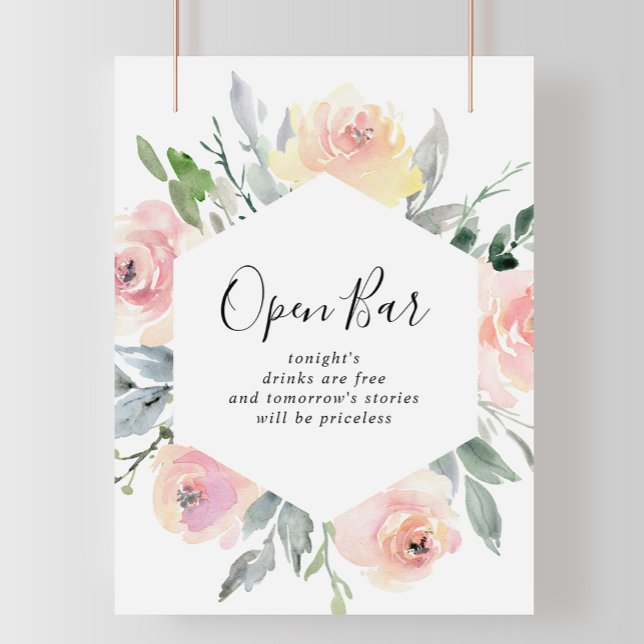 Póster Elegante Rótulo de bar abierto Boda floral rosa Ru (Subido por el creador)