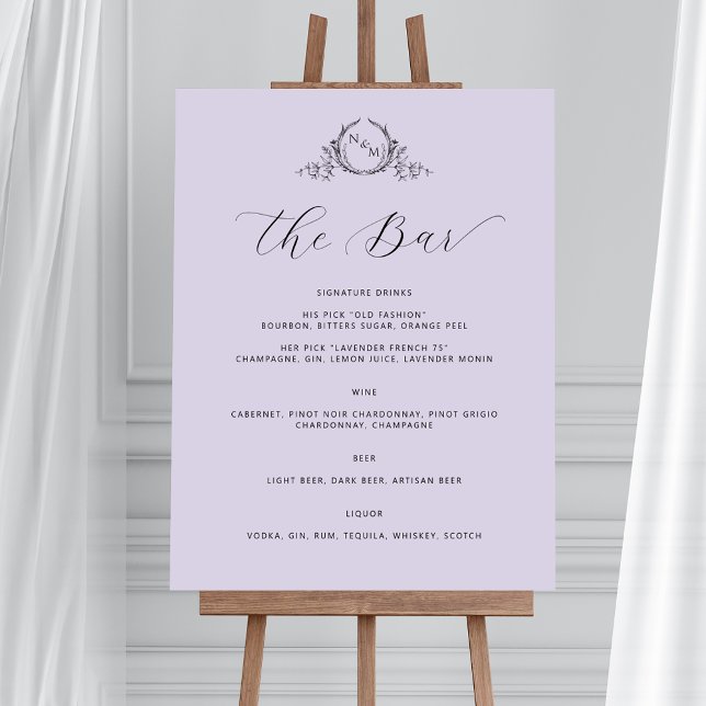 Póster Elegante Rótulo de Boda de bar de lavanda monogram (Available in many sizes. From big statements, to table top signs! Example sign in 24" x 36")