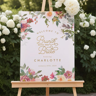 Póster Elegante Rótulo de brunch con ducha dorada floral 