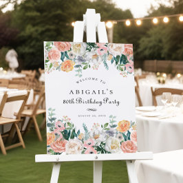 Póster Elegante Rótulo de Fiesta de Floral de Peach 80th