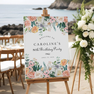 Póster Elegante Rótulo de Fiesta de Floral de Peach 90th 