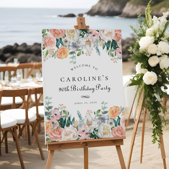 Póster Elegante Rótulo de Fiesta de Floral de Peach 90th  (Subido por el creador)